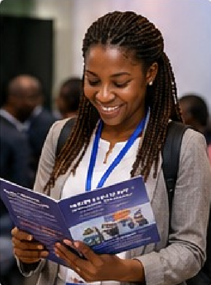 Participante consultant le programme du salon